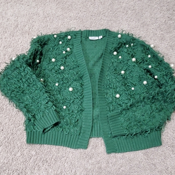 Mighty Fine Sweaters - Mighty Fine Faux Pearl Green Textured Women's Cropped Cardigan